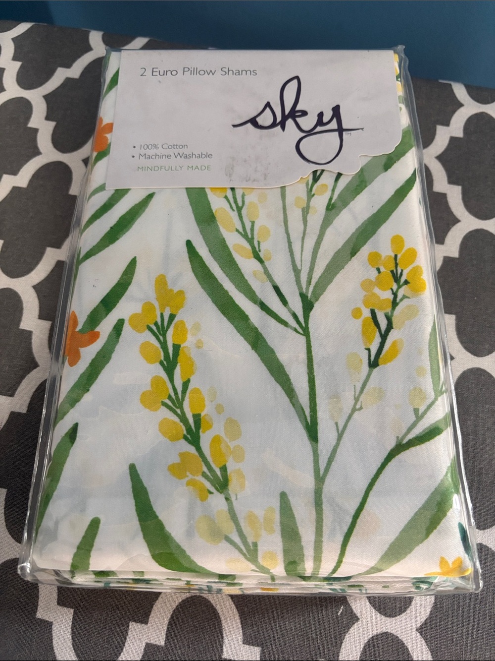 Sky Botanical Cotton Pillow Shams in White, Green & Yellow